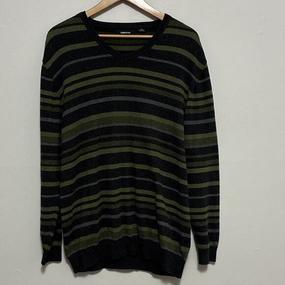 Claiborne Other - Claiborne Men's XL Green Black Gray Striped V-Neck Cotton Knit Pullover
